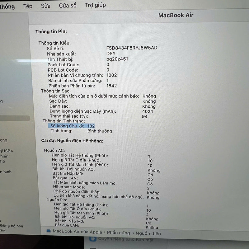 Macbook Air 2018 13.3in Bạc Intel Core i5/ RAM 16GB/ SSD 512GB 98% Pin 91% BPTA