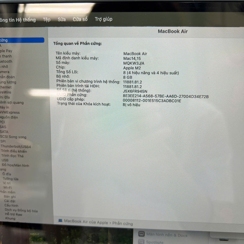Macbook Air 2023 15in Đen Apple M2/ RAM 8GB/ SSD 256GB 98% sạc 11 lần BPTN