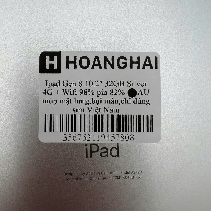 iPad Gen 8 2020 10.2in 32GB Silver 4G + Wifi 98% pin từ 80% từ AU (xước mặt lưng, bụi màn, chỉ dùng sim VN)