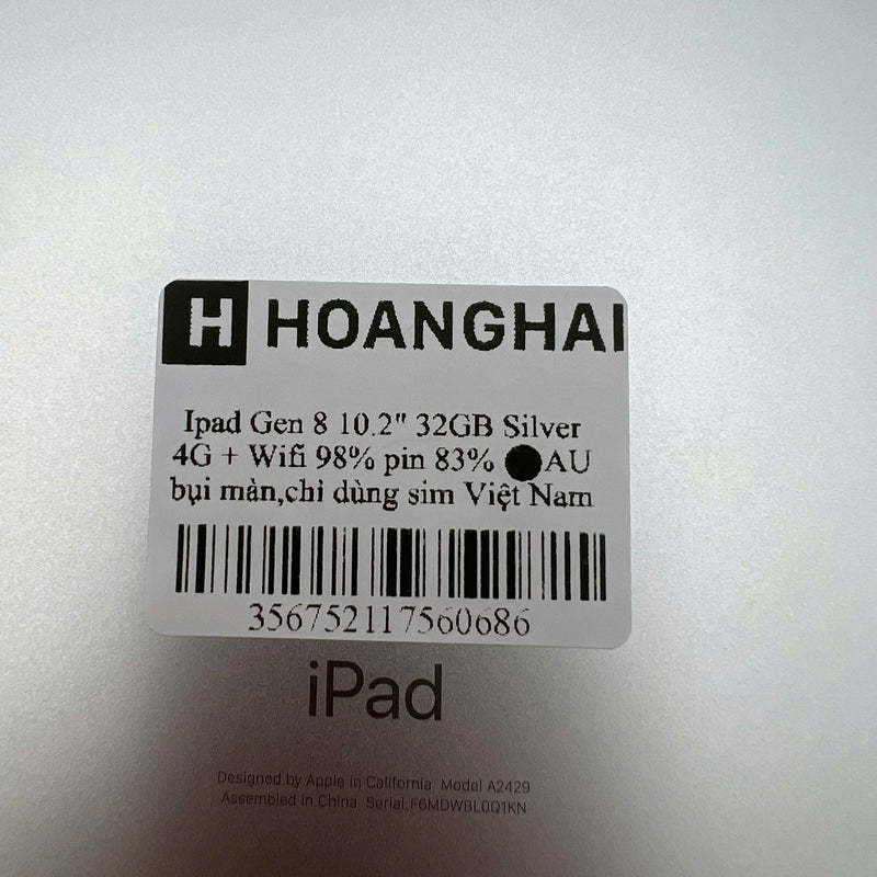 iPad Gen 8 2020 10.2in 32GB Silver 4G + Wifi 98% pin từ 80% từ AU (xước mặt lưng, bụi màn, chỉ dùng sim VN)