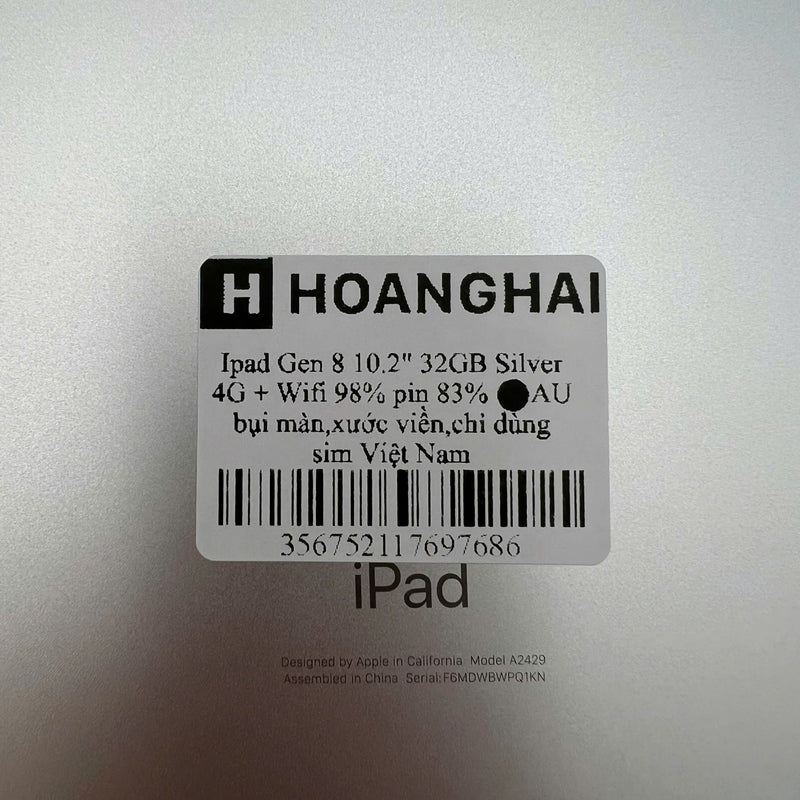 iPad Gen 8 2020 10.2in 32GB Silver 4G + Wifi 98% pin từ 80% từ AU (xước mặt lưng, bụi màn, chỉ dùng sim VN)