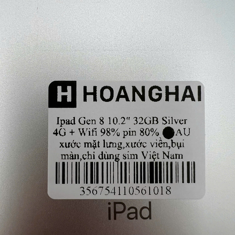 iPad Gen 8 2020 10.2in 32GB Silver 4G + Wifi 98% pin từ 80% từ AU (xước mặt lưng, bụi màn, chỉ dùng sim VN)