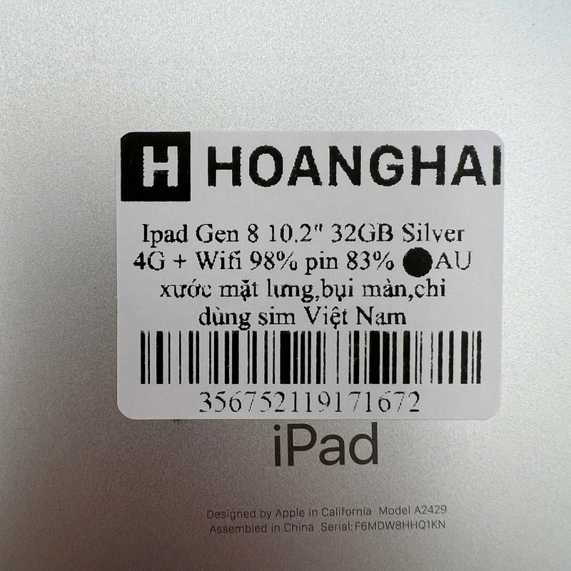 iPad Gen 8 2020 10.2in 32GB Silver 4G + Wifi 98% pin từ 80% từ AU (xước mặt lưng, bụi màn, chỉ dùng sim VN)