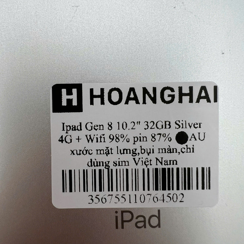 iPad Gen 8 2020 10.2in 32GB Silver 4G + Wifi 98% pin từ 85% từ AU (xước mặt lưng, xước viền, bụi màn, chỉ dùng sim VN)