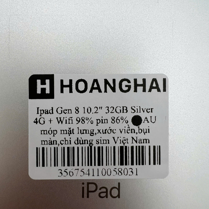iPad Gen 8 2020 10.2in 32GB Silver 4G + Wifi 98% pin từ 85% từ AU (xước mặt lưng, xước viền, bụi màn, chỉ dùng sim VN)