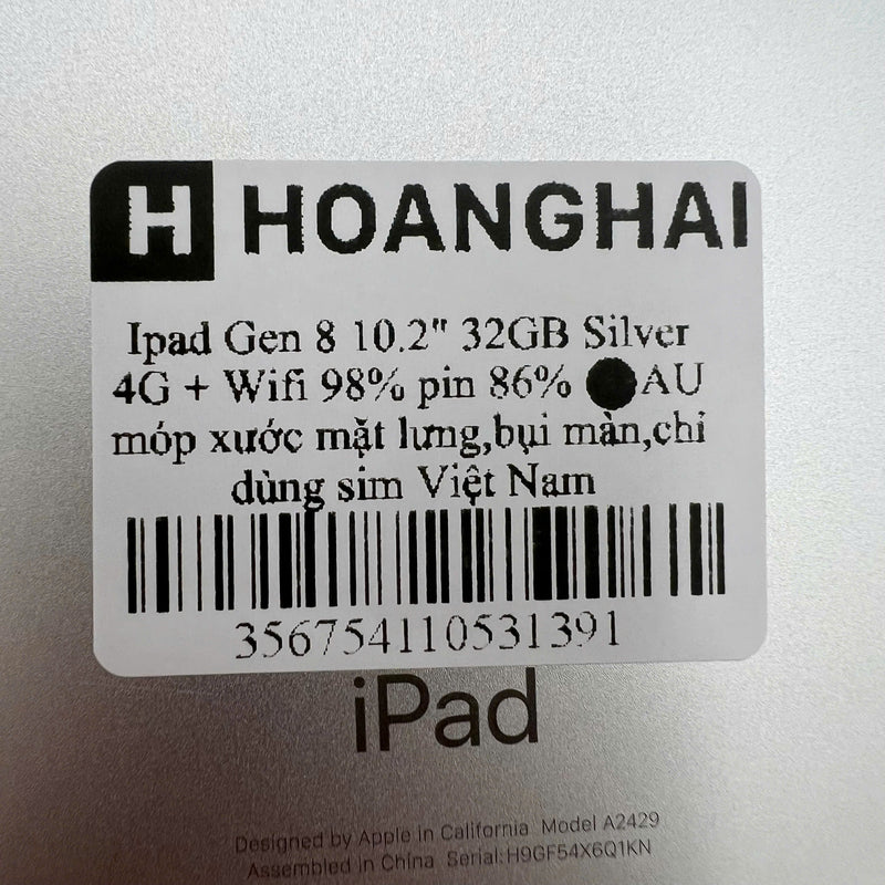 iPad Gen 8 2020 10.2in 32GB Silver 4G + Wifi 98% pin từ 85% từ AU (xước mặt lưng, xước viền, bụi màn, chỉ dùng sim VN)