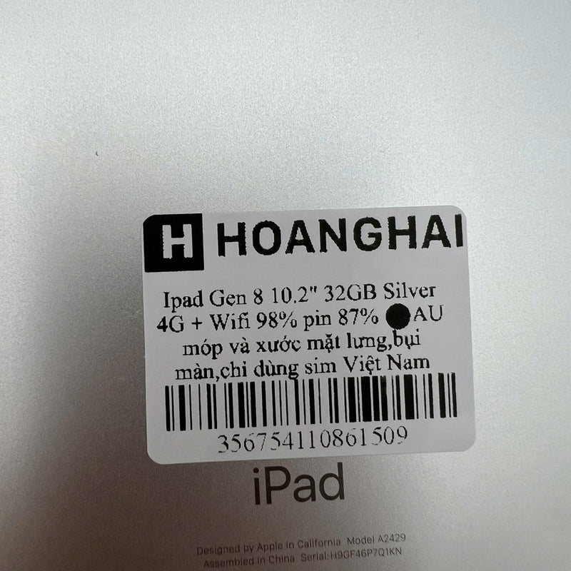 iPad Gen 8 2020 10.2in 32GB Silver 4G + Wifi 98% pin từ 85% từ AU (xước mặt lưng, xước viền, bụi màn, chỉ dùng sim VN)