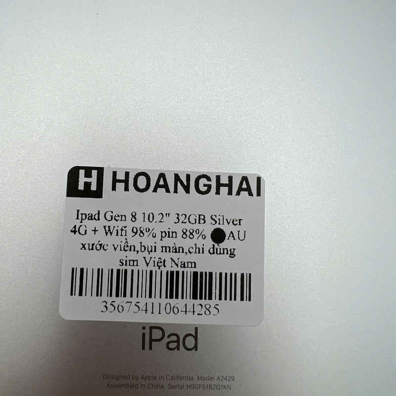 iPad Gen 8 2020 10.2in 32GB Silver 4G + Wifi 98% pin từ 85% từ AU (xước mặt lưng, xước viền, bụi màn, chỉ dùng sim VN)