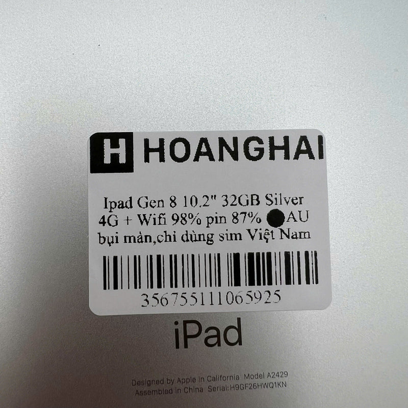 iPad Gen 8 2020 10.2in 32GB Silver 4G + Wifi 98% pin từ 85% từ AU (xước mặt lưng, xước viền, bụi màn, chỉ dùng sim VN)