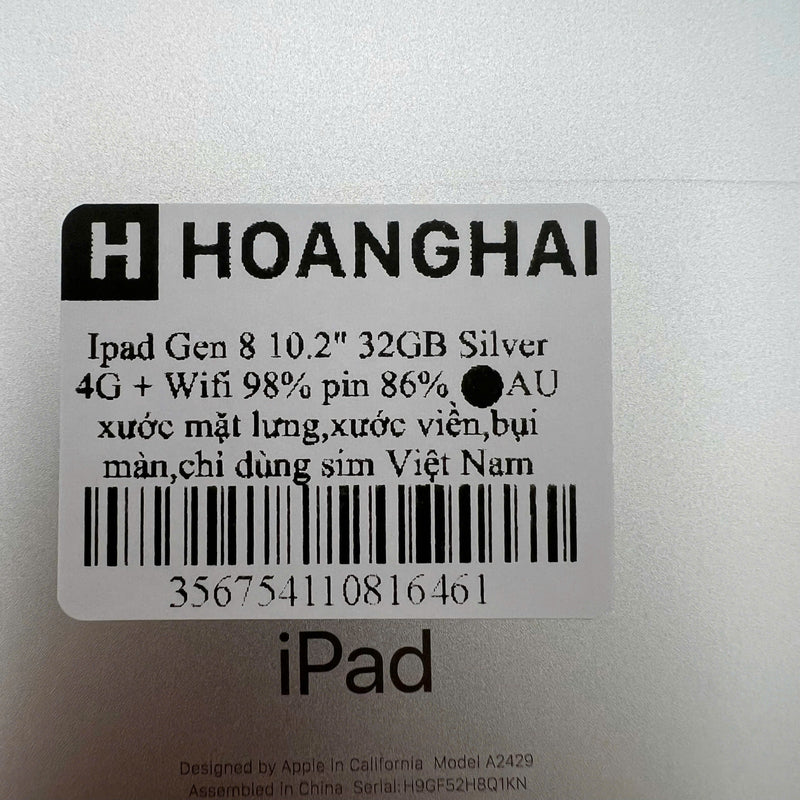 iPad Gen 8 2020 10.2in 32GB Silver 4G + Wifi 98% pin từ 85% từ AU (xước mặt lưng, xước viền, bụi màn, chỉ dùng sim VN)