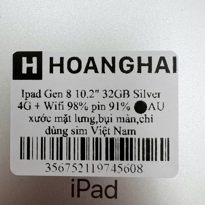 iPad Gen 8 2020 10.2in 32GB Silver 4G + Wifi 98% pin từ 90% từ AU (xước mặt lưng, bụi màn, chỉ dùng sim VN)