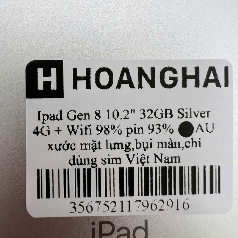 iPad Gen 8 2020 10.2in 32GB Silver 4G + Wifi 98% pin từ 90% từ AU (xước mặt lưng, bụi màn, chỉ dùng sim VN)