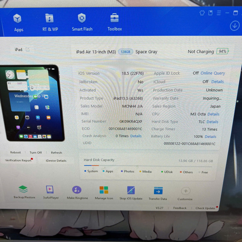 Ipad Air 7 M3 13" 128GB Xám Wifi 99% Fullbox pin 100% (Sạc 12 lần)