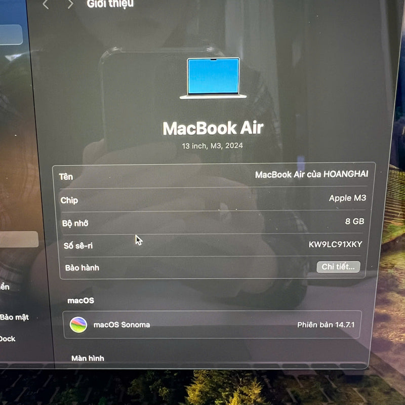 Macbook Air 2024 13.6in Bạc M3/ RAM 8GB/ SSD 256GB 100% Fullbox pin 100% sạc 2 lần BPTN