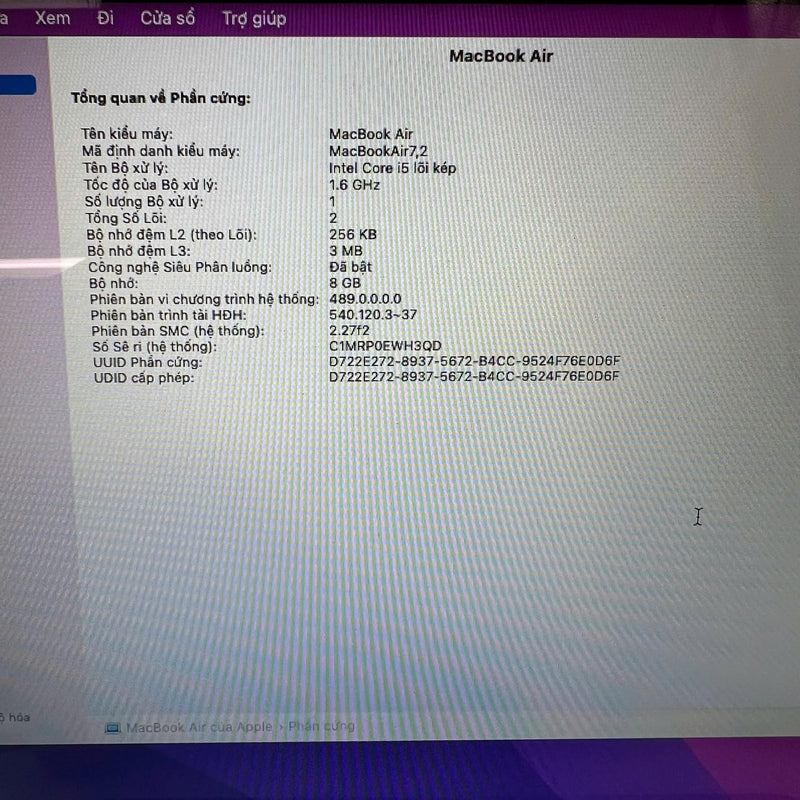 Macbook Air 2015 13.3in Bạc Intel Core i5/ RAM 8GB/ SSD 98% sạc 1 lần BPTN (đã thay pin mới, không có camera)