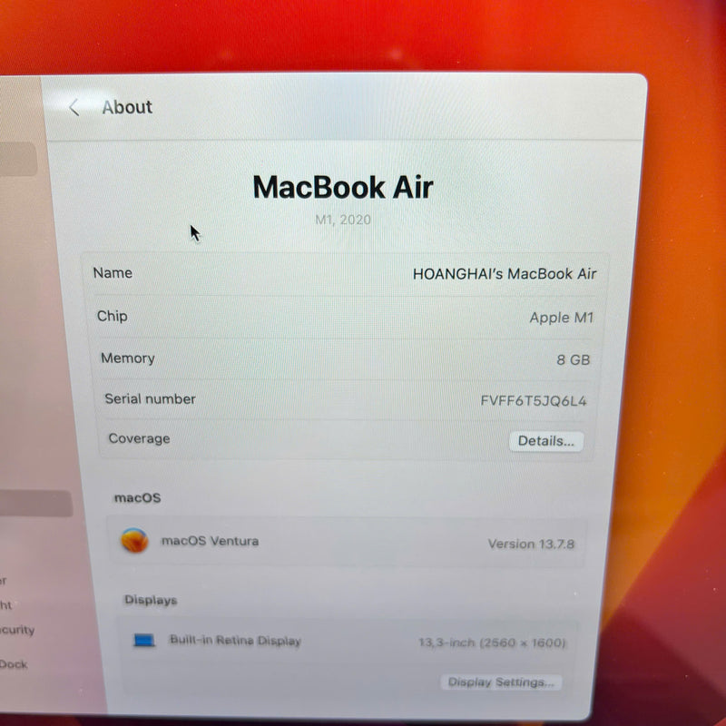 MacBook Air 2020 13.3' Xám M1/ RAM 8GB/ SSD 256GB 98% pin 88% sạc 502 lần BPTN (móp xước viền, xước mặt lưng)