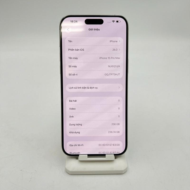iPhone 15 Pro Max 256GB Trắng 98% pin 87% ĐBH Quốc tế từ SB (Không dùng sim SB - Đã thay màn zin, đã thay camera sau zin) - HH0611