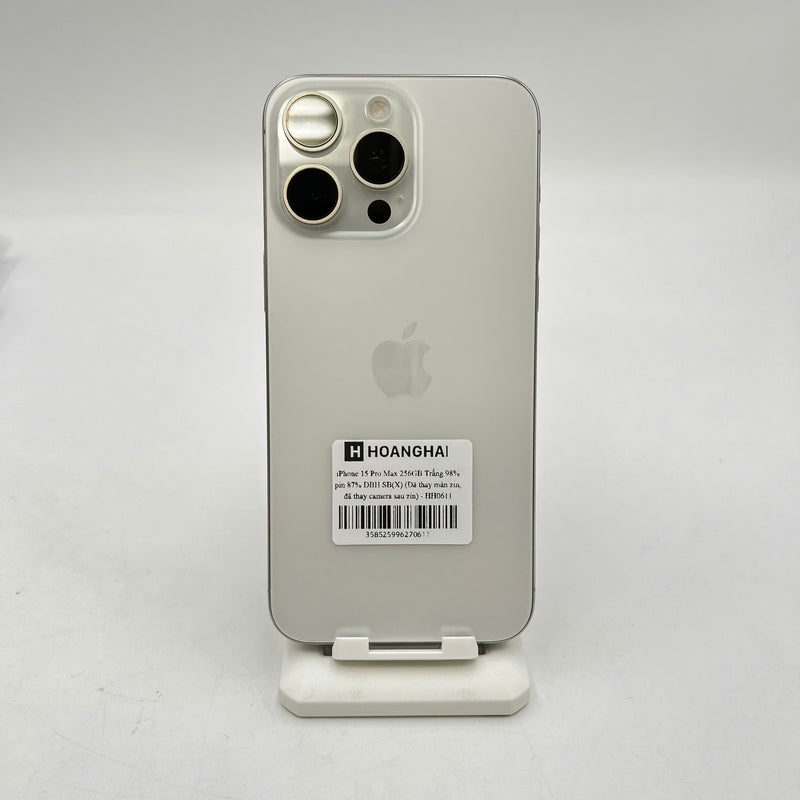 iPhone 15 Pro Max 256GB Trắng 98% pin 87% ĐBH Quốc tế từ SB (Không dùng sim SB - Đã thay màn zin, đã thay camera sau zin) - HH0611