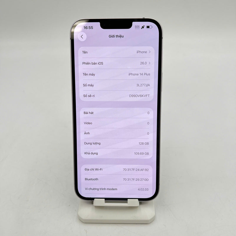 iPhone 14 Plus 128GB Tím 98% pin 86% DEMO Máy đã trả hết tiền mạng dùng như Quốc tế Apple (xước và móp viền, màn xước nhiều) - HH9266