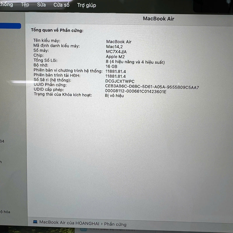 MacBook Air 2022 13.6in Midnight Apple M2/ RAM 16GB/ SSD 256GB 98% pin 100% (sạc 2 lần, xước viền) BPTN