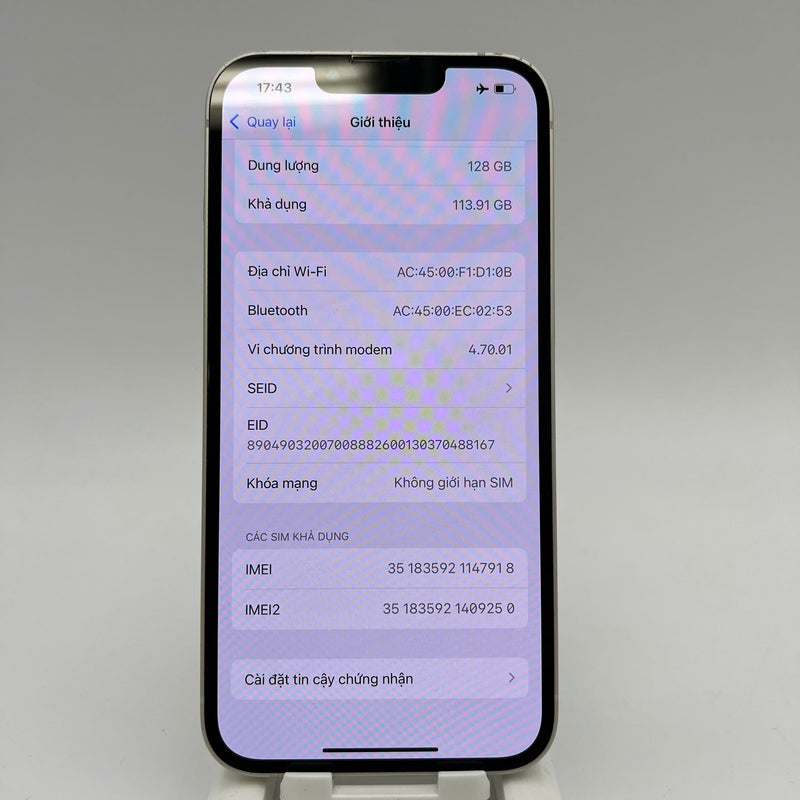 iPhone 13 128GB Trắng 98% pin 87% Quốc tế từ SB (Không dùng sim SB - xước viền) - HH7918