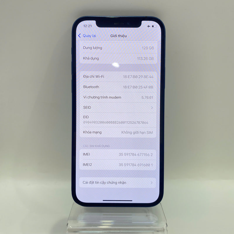 iPhone 12 128GB Xanh dương 98% pin 86% ĐBH Máy đã trả hết tiền mạng dùng như Quốc tế Apple (viền xước, màn xước, móp viền) - HH1562