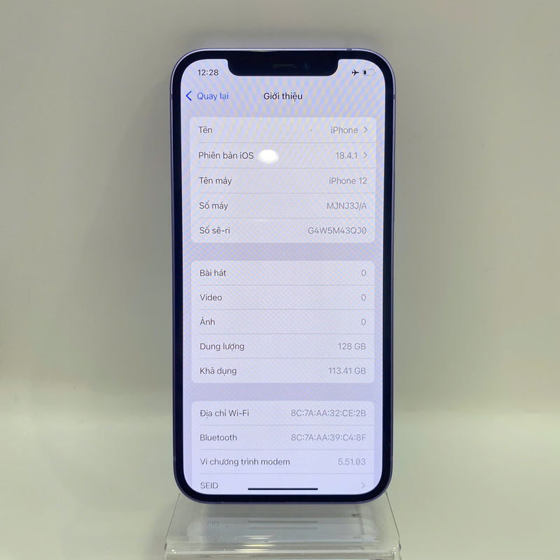 iPhone 12 128GB Tím 98% pin 87% Máy đã trả hết tiền mạng dùng như Quốc tế Apple (màn xước,móp viền) - HH2554