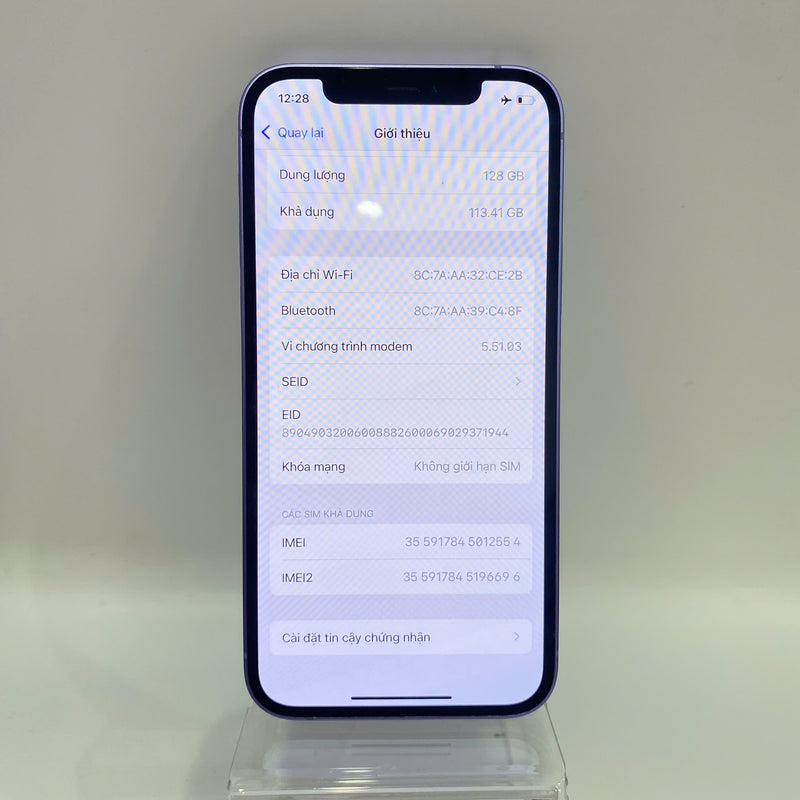 iPhone 12 128GB Tím 98% pin 87% Máy đã trả hết tiền mạng dùng như Quốc tế Apple (màn xước,móp viền) - HH2554