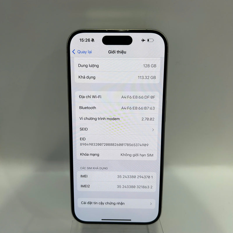 iPhone 15 Pro 128GB Trắng 98% pin 88%  Quốc tế từ SB (Không dùng sim SB - màn LKCH) - HH3701
