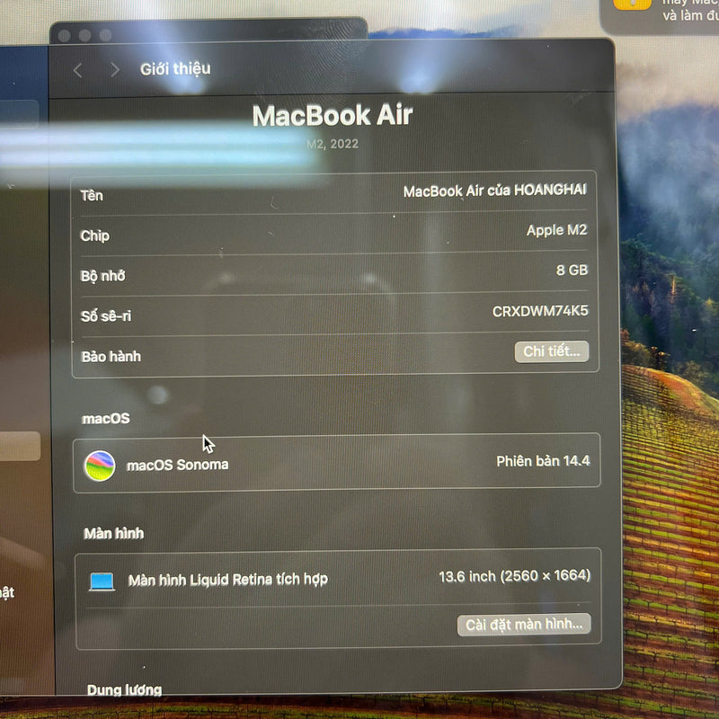 MacBook Air 2022 13.6in Xám Apple M2/ RAM 8GB/ SSD 256GB 98% pin 100% BPTA (sạc 61 lần)