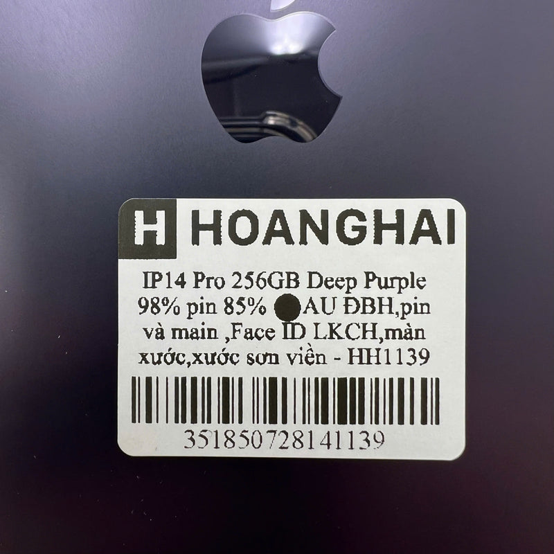 iPhone 14 Pro 256GB Tím 98% pin 85%  Máy đã trả hết tiền mạng dùng như Quốc tế Apple (ĐBH,pin và main ,Face ID LKCH,màn xước,xước sơn viền) - HH1139