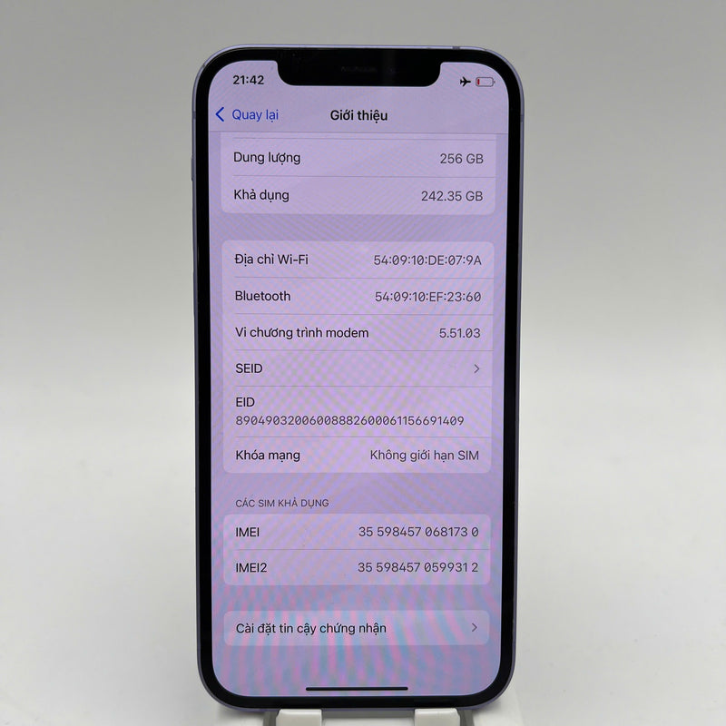iPhone 12 256GB Tím 98% pin 91% Máy đã trả hết tiền mạng dùng như Quốc tế Apple (pin LKCH, sứt viền) - HH1730