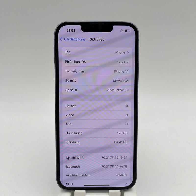 iPhone 14 128GB Xanh Dương 98% pin 86% Quốc tế từ SB (Không dùng sim SB - màn xước, viền xước) - HH3550