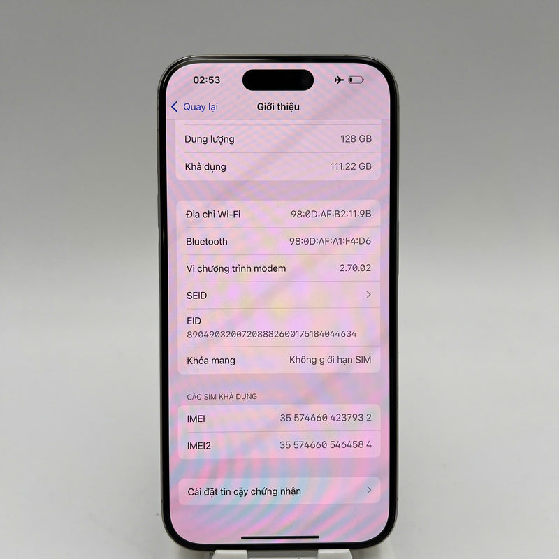 iPhone 15 Pro 128GB Tự Nhiên 98% pin 86% Quốc tế từ DCM (Không dùng sim DCM - Đốm 0.5x, viền xước, viền cam xước) - HH7932