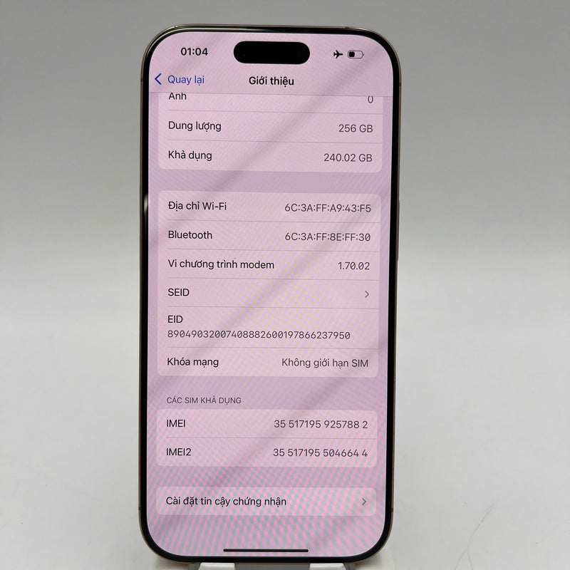iPhone 16 Pro 256GB Vàng Sa Mạc 98% pin 94% Quốc tế từ SB (Không dùng sim SB) - HH7882