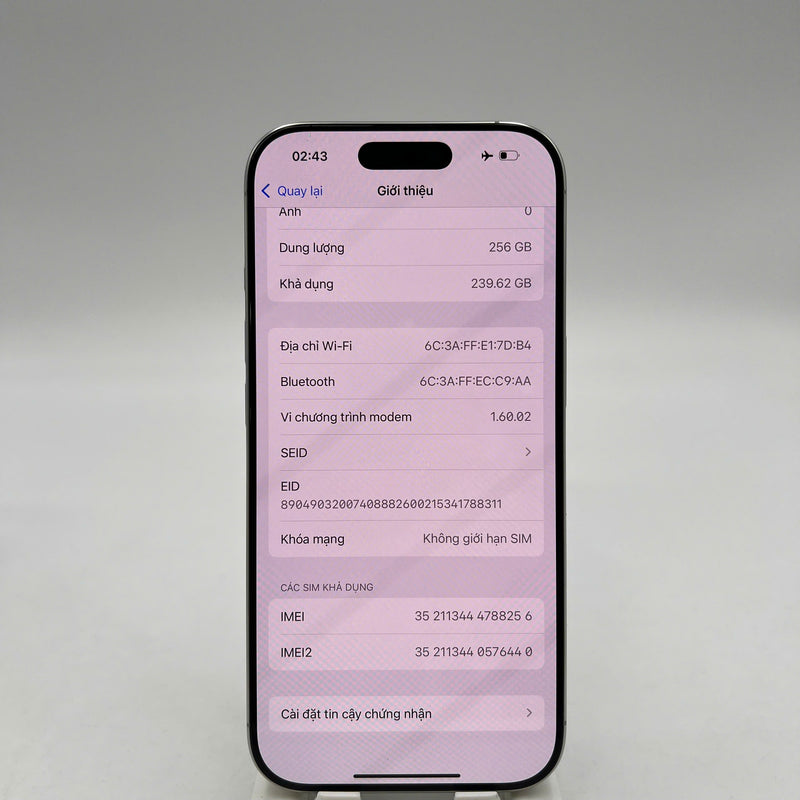 iPhone 16 Pro 256GB Trắng 100% ĐBH Quốc tế từ SB (Không dùng sim SB) - HH8256