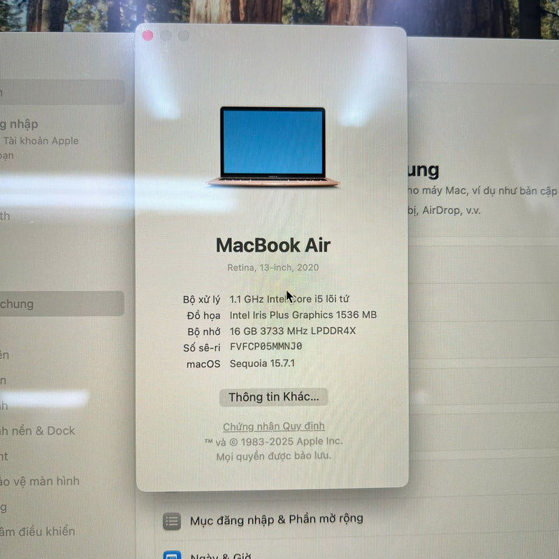 Macbook Air 2020 13.3" Vàng Intel Core i5/ RAM 16GB /SSD 256GB 98% BPTN (sạc 317 lần - xước mặt C góc trái)
