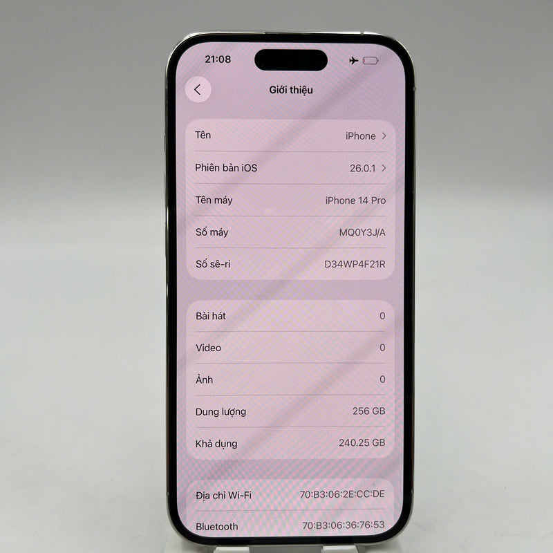 iPhone 14 Pro 256GB Trắng 98% pin 100% Quốc tế từ DCM (Không dùng sim DCM - Đã thay pin, đốm 3x, màn xước, viền cam xước) - HH6028
