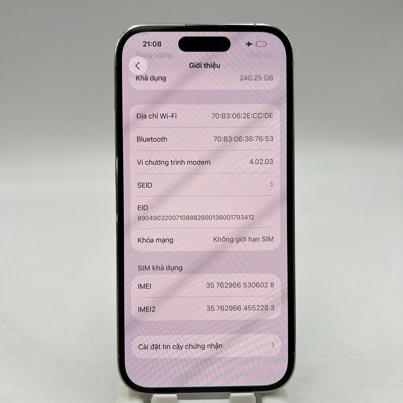 iPhone 14 Pro 256GB Trắng 98% pin 100% Quốc tế từ DCM (Không dùng sim DCM - Đã thay pin, đốm 3x, màn xước, viền cam xước) - HH6028