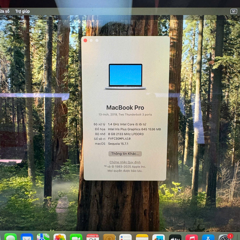 Macbook Pro 2019 13.3in Xám Intel Core i5/ RAM 8GB/ SSD 256GB 98% sạc 35 lần BPTN