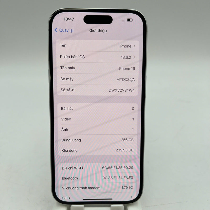 iPhone 16 256GB Trắng 98% pin 90% Quốc tế Apple (cam đốm tím, xước viền, xước màn) - HH7991