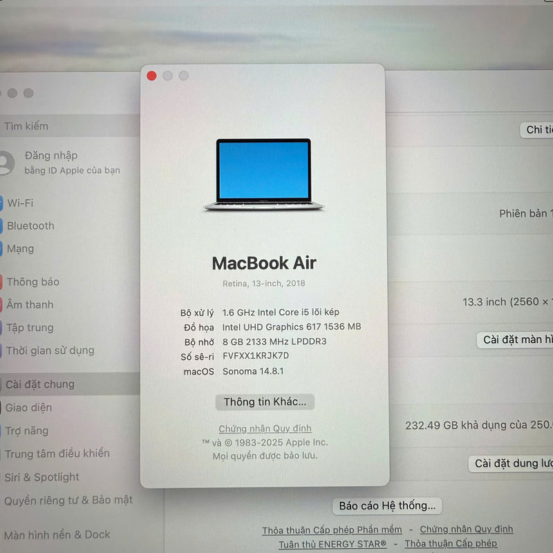 Macbook Air 2018 13.3in Bạc Intel Core i5/ RAM 8GB/ SSD 256GB 98% Sạc 154 lần BPTN