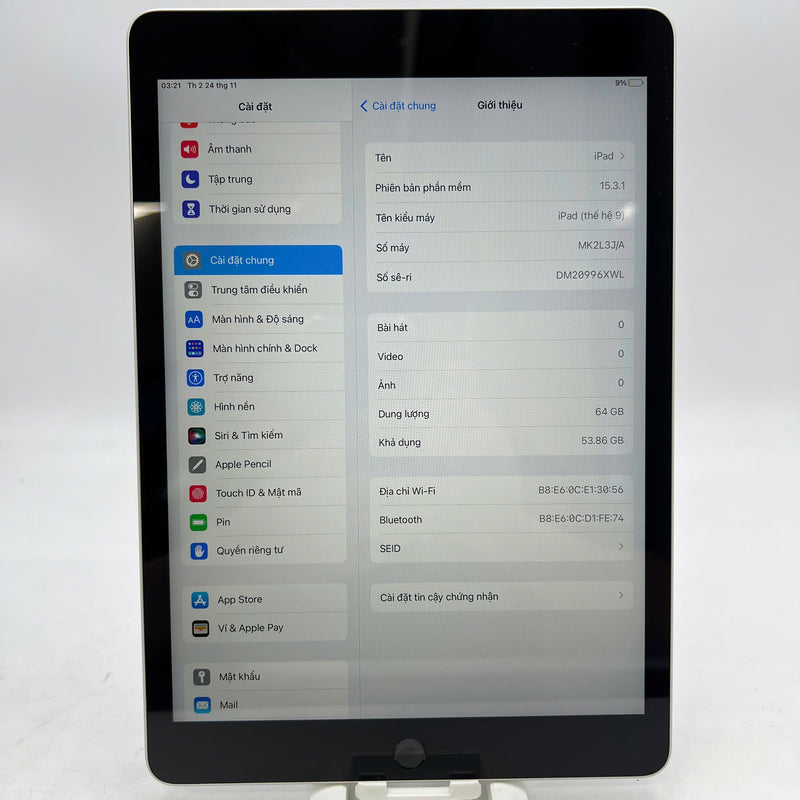 iPad Gen 9 10.2" 64GB Bạc Wifi 98% pin 100% sạc 86 lần (xước màn, xước viền, bụi màn)