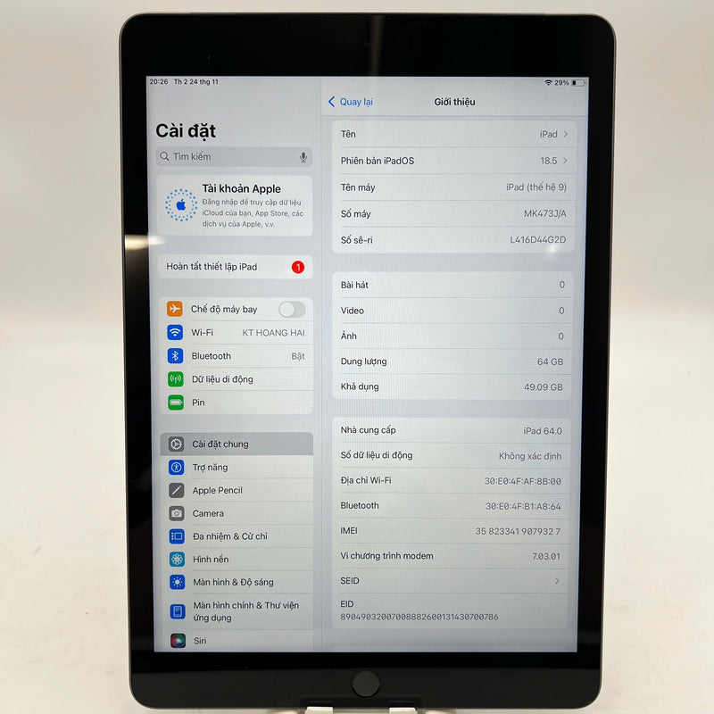 iPad Gen 9 10.2" 64GB Xám 4G + Wifi 98% pin 93% Từ SB (móp viền)