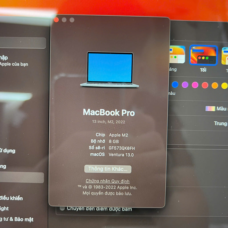 Macbook Pro 2022 13.3in Xám Apple M2/ RAM 8GB/SSD 512GB 98% pin 91%  BPTN (xước cạnh viền)