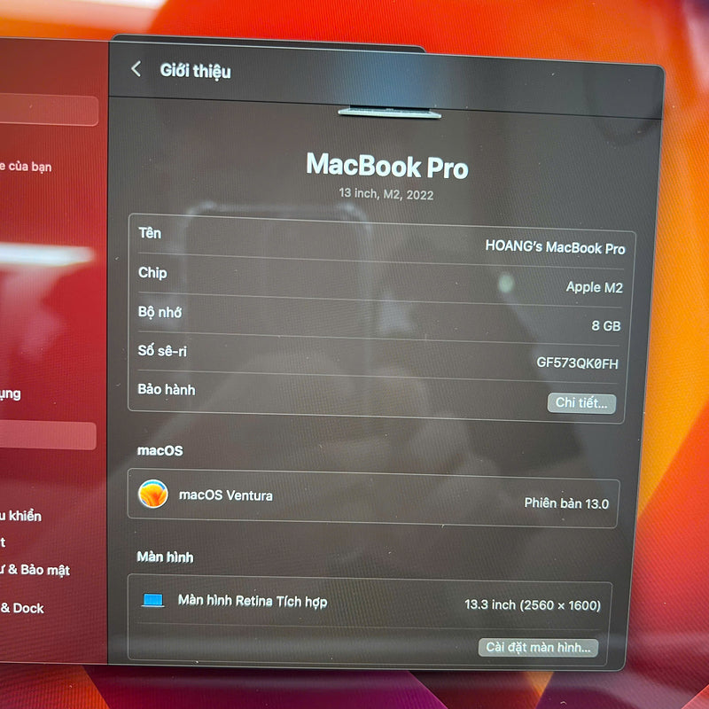 Macbook Pro 2022 13.3in Xám Apple M2/ RAM 8GB/SSD 512GB 98% pin 91%  BPTN (xước cạnh viền)