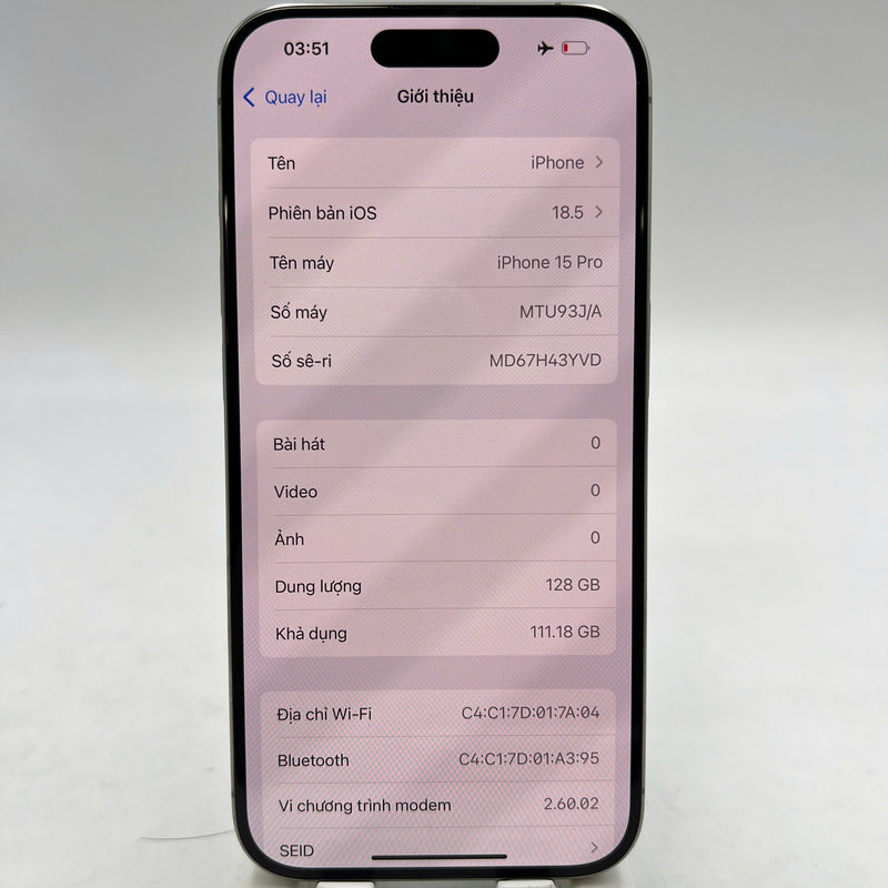 iPhone 15 Pro 128GB သဘာဝ 98% ဘက်ထရီ 85% Apple International (0.5x နေရာ) - HH7611 