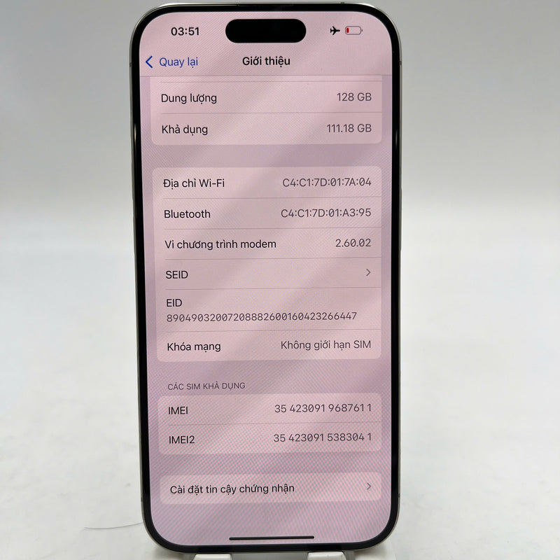 iPhone 15 Pro 128GB သဘာဝ 98% ဘက်ထရီ 85% Apple International (0.5x နေရာ) - HH7611 