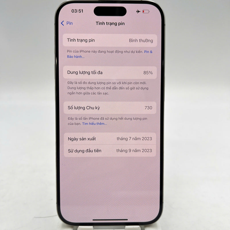 iPhone 15 Pro 128GB သဘာဝ 98% ဘက်ထရီ 85% Apple International (0.5x နေရာ) - HH7611 