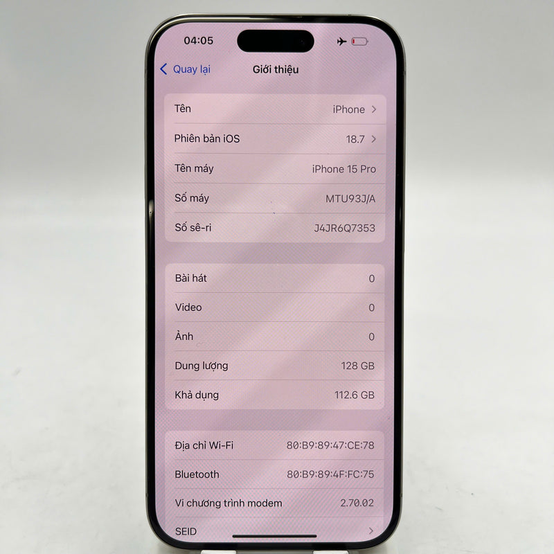 iPhone 15 Pro 128GB သဘာဝ 98% ဘက်ထရီ 86% International Apple - HH4874 